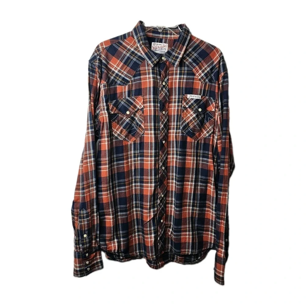 True Religion Mens Large Plaid Western Snap Button Cowboy Shirt Navy Orange EUC